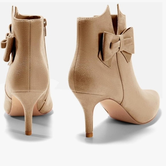 Ermonn  Pointed Toe Ankle Boots Stiletto Heels Side Zipper Bow Faux Suede Boots - Picture 4 of 7